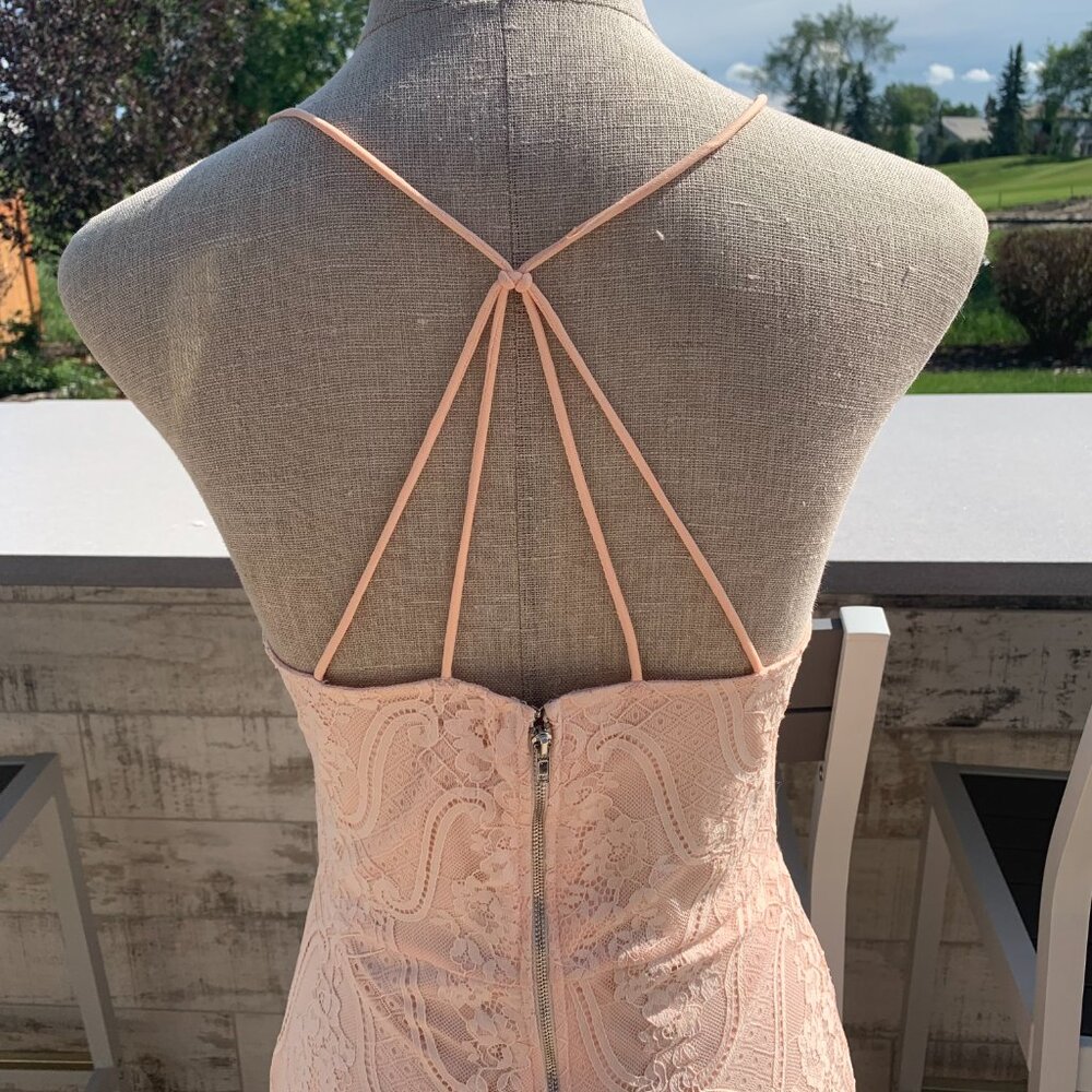 Vintage Hand Sewn Peach Sheer Lace Maxi Dress Long Gown - Picture 11 of 16